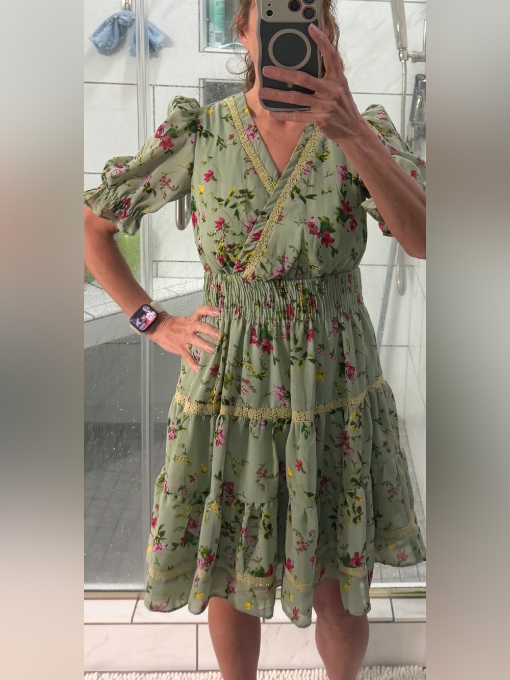Taylor Sage Green Floral Wrap Midi Dress with Pink & Yellow Accents